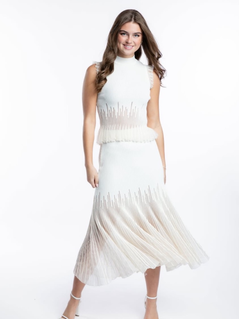 Cream Pleated Midi Skirt and top set with Ombre Detail
